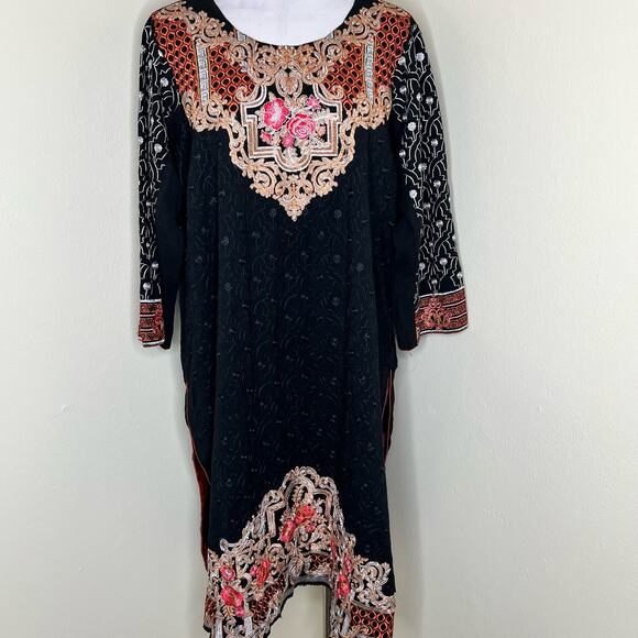 Handmade Embroidered Kurta Tunic Indian Pakistan Ethnic Floral Round Neck Black - Picture 1 of 10